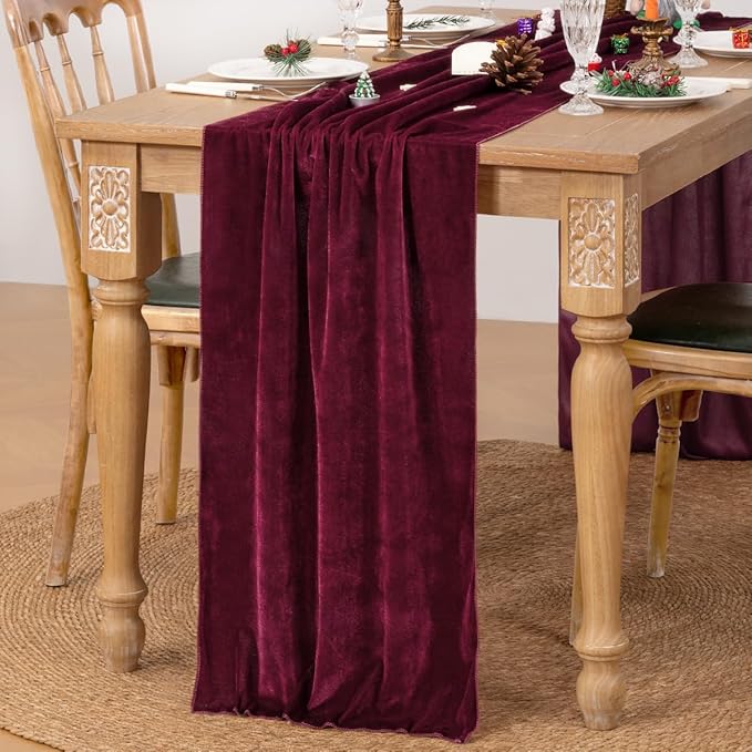 MLMC Burgundy Velvet Table Runner 10ft Elegant Luxury Wine Red Velvet Fall Table Runner 20x120 Inches Table Decor for Wedding Bridal Shower Home Party Halloween Chritmas Decor
