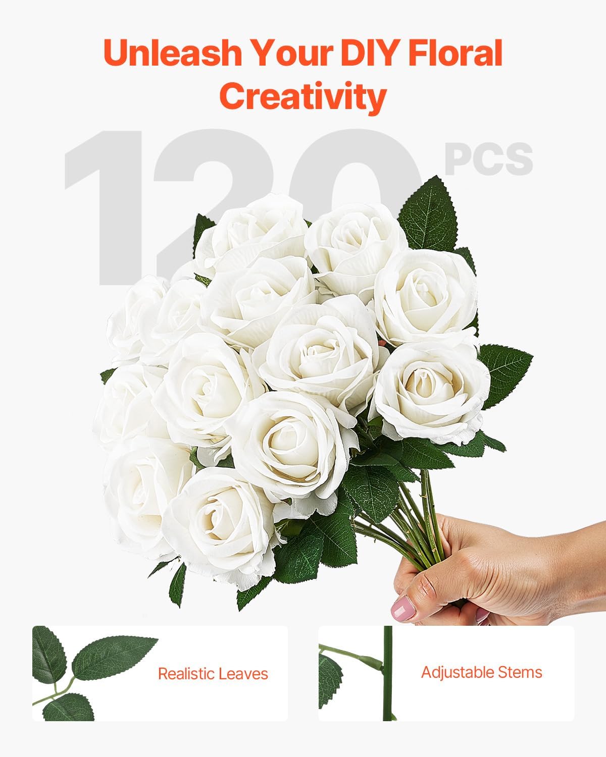 vevor artificial flowers, 120 pcs real looking white, side view