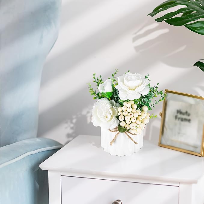 BLOSMON Table Decor Artificial Flowers Vase 7 Inch Small Fake Flower White Arrangement 2pcs Floral Arrangement for Tables Centerpieces Kitchen Dining Room Decorations Faux Flower in Vase Silk Roses