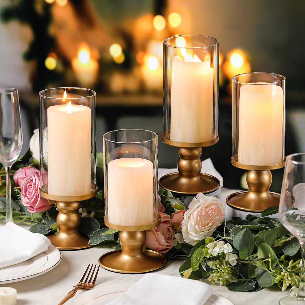 NITIME 4Pcs Hurricane Candle Holder for Pillar Candles, Gold Candle Holders with Clear Glass Sleeve for Table Centerpieces,Pillar Candle Holders for Home Decor, Wedding, Holiday and Party Decor