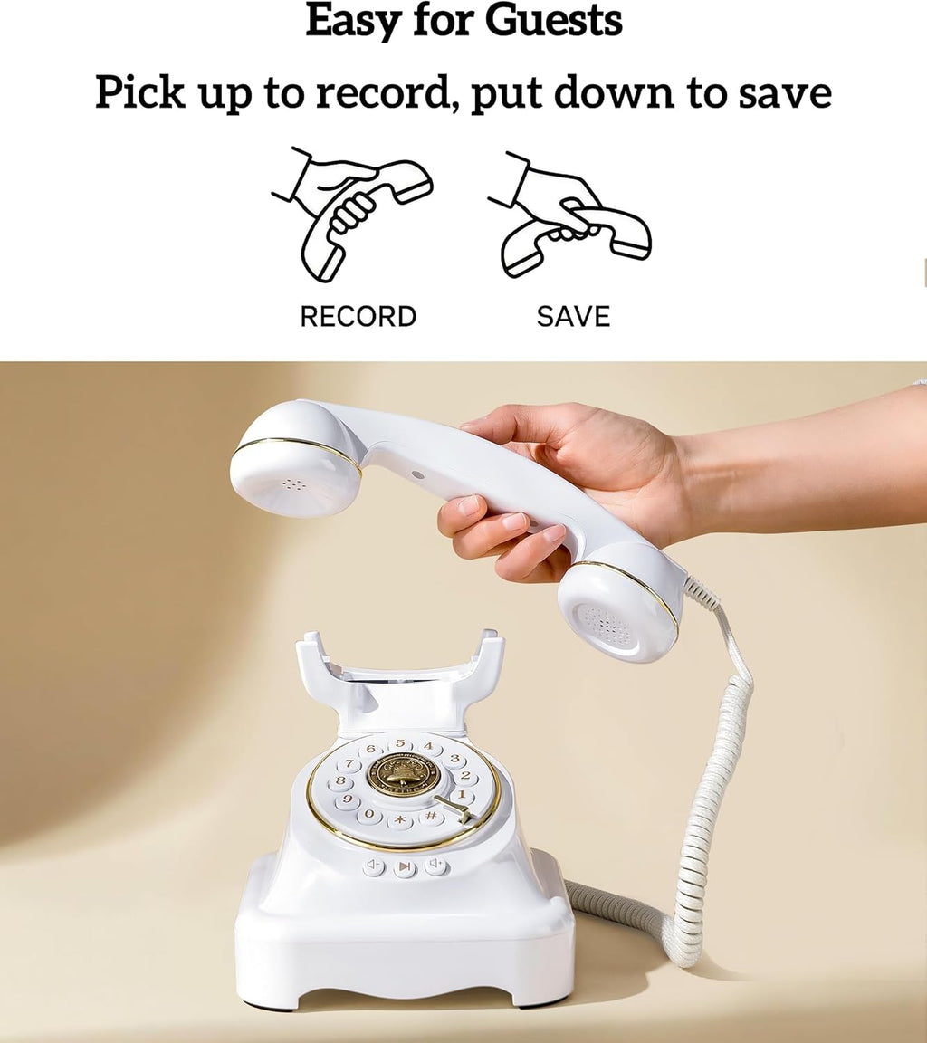 RetroVox Audio Guest Book Wedding Phone Guestbook and Signage Guest Audio Message Book, Vintage Style for Wedding Reception, Bridal Shower, Baby Shower（White & Sign Holder E）