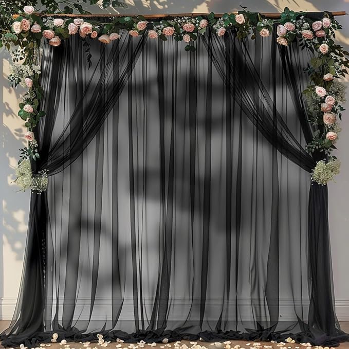 10ft X 10ft Black Sheer Backdrop Curtain for Parties, Tulle Sheer Fabric Backdrop Curtain Drapes for Baby Shower Birthday Party Photo Shoot Halloween Decorations
