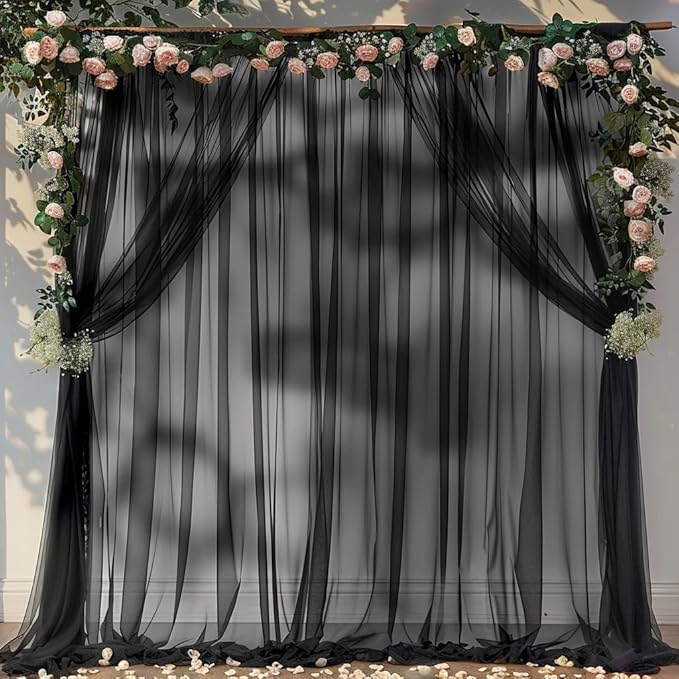 PARTISKY 20ft X 10ft Black Tulle Backdrop Curtain for Parites, Sheer Backdrop Curtains Fabric Drapes for Wedding Ceremony Arch Party Stage Decorations