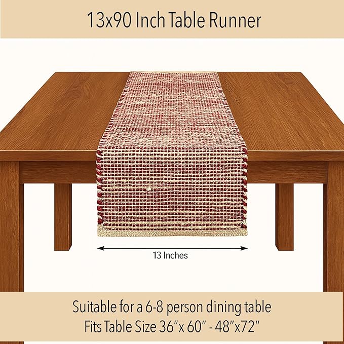 Chardin home Natural Jute Table Runner 13x90 Inch – Vintage Boho Rustic Table Decor – Handwoven Table Runner in Natural Jute and Red – Farmhouse Dining or Console Table Accent