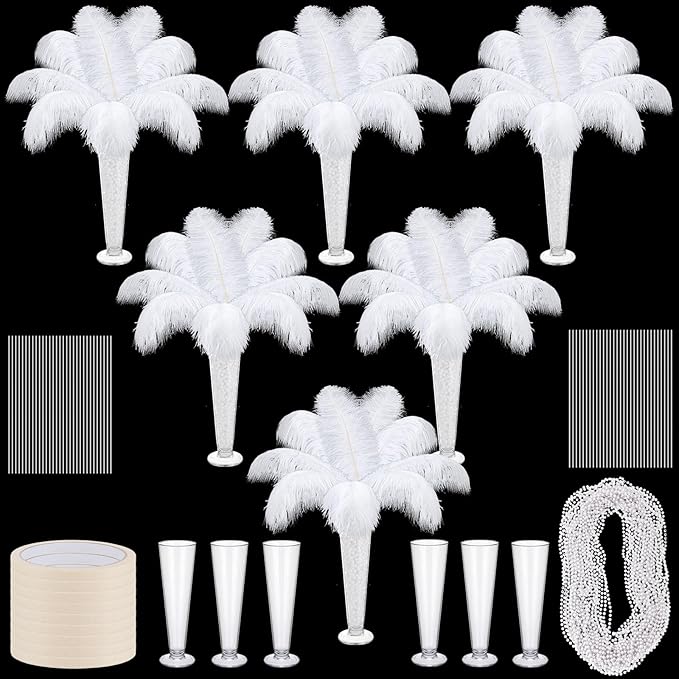 6 Sets Wedding Table Centerpiece Accessories Including 159 Pieces Natural Ostrich Feather Bulk Plastic Vases and Beads Necklaces for Wedding Home Party Centerpiece Supplies(White)