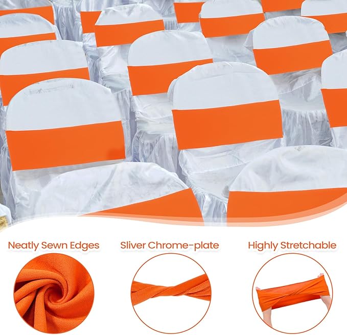 Kinlop 50 Pcs Spandex Chair Sashes Bows Chair Bands Slider Sashes for Covers Elastic Bands Ties Without Buckle Decorations for Wedding Party Events Ceremony Birthday(Orange)