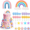 32 Pcs Rainbow Cake Topper with Flower Star Cupcake Toppers Pastel Balls Cake Topper, Boho Groovy Cake Decorations for Birthday Wedding Party
