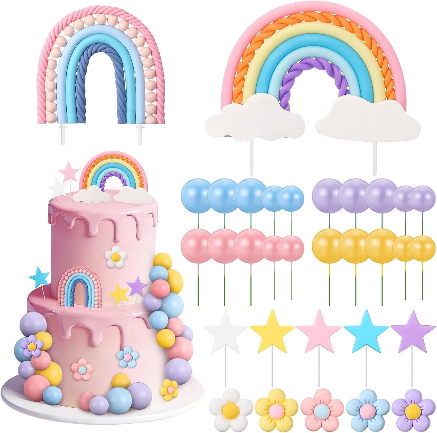 32 Pcs Rainbow Cake Topper with Flower Star Cupcake Toppers Pastel Balls Cake Topper, Boho Groovy Cake Decorations for Birthday Wedding Party