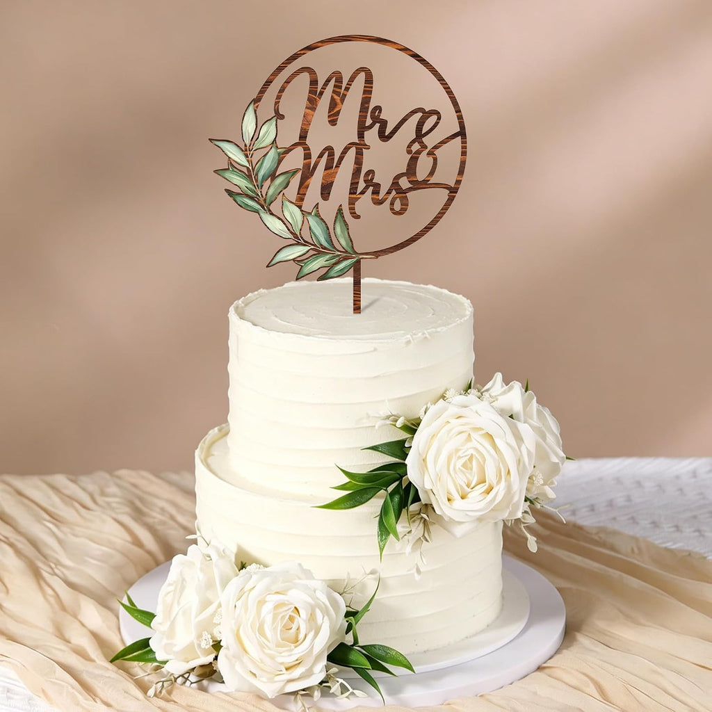 Mr & Mrs Cake Topper Greeny Wedding Cake Topper in Wood (Walnut Texture)