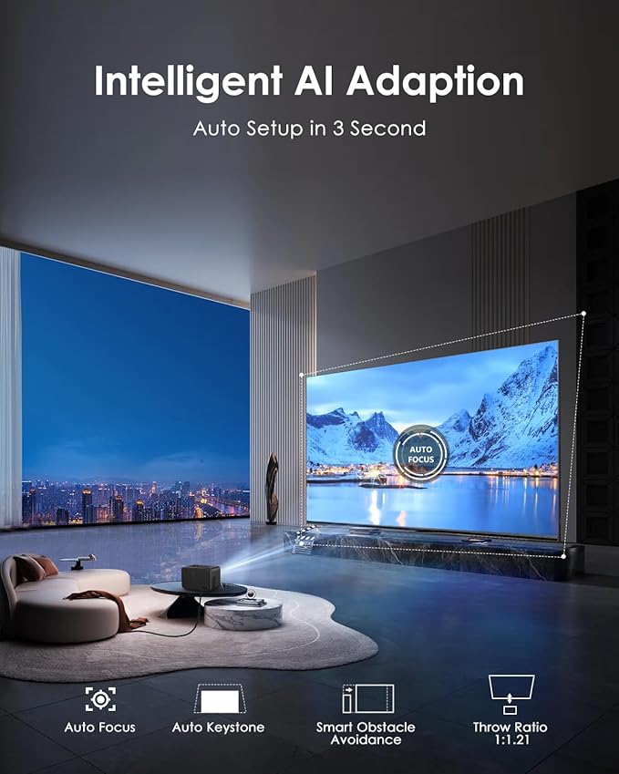 Smart 4K Projector for Bedroom, Indoor Outdoor Home Theater Projectors with WiFi, Bluetooth, NFC, Wireless Airplay Mirroring, Google TV, Dolby, HDMI ARC for Movie Night, Gaming, Halloween, Holiday