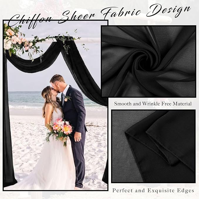 20Ft Length x 28" Width 4 Panels Wedding Arch Draping Fabric Black Arch Drapes Chiffon Fabric Sheer Curtains Backdrop for Party Decor Wedding Bridal Ceremony Ceiling Stage Reception Decorations