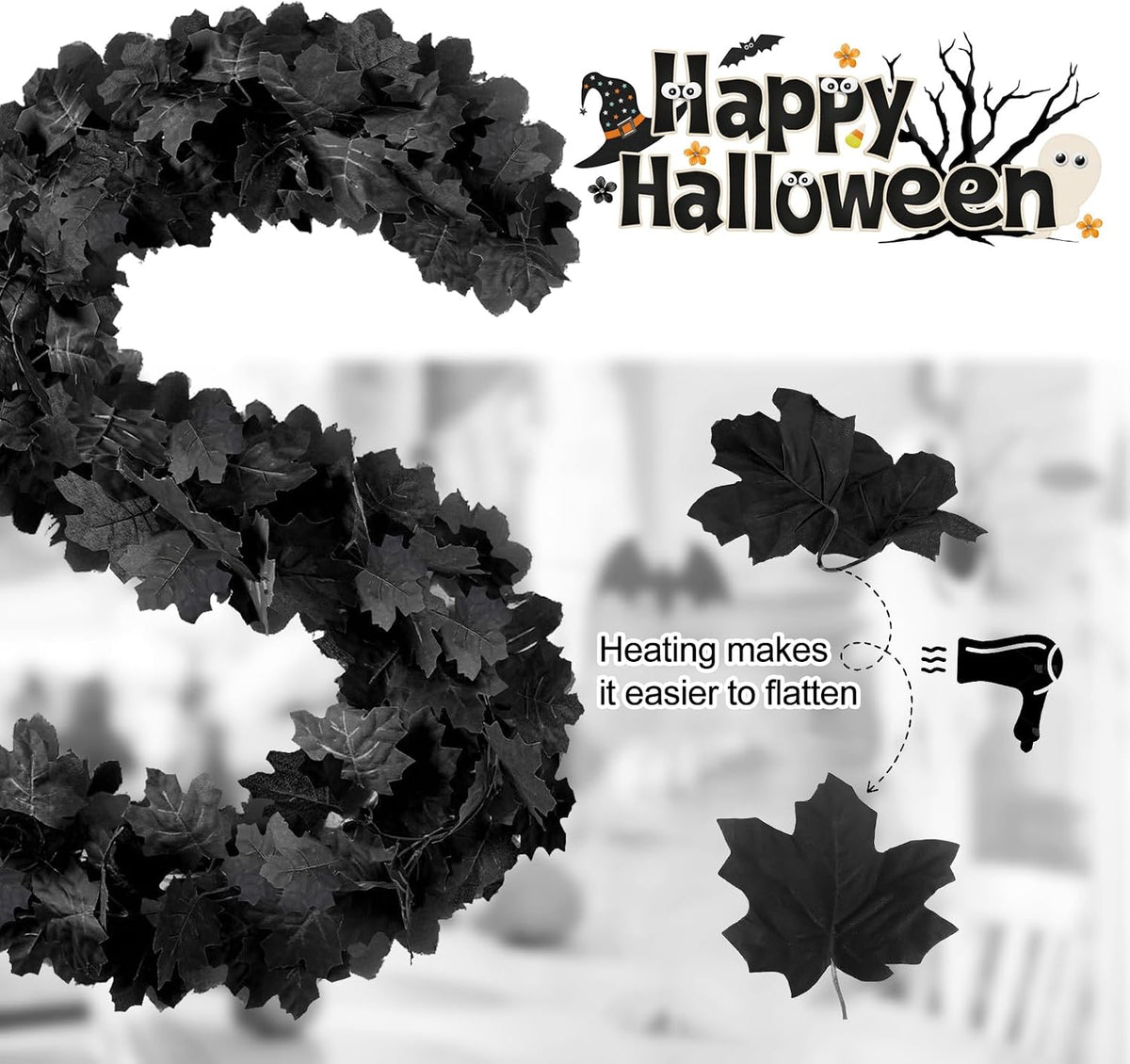 joyhalo 8 pack 5.7ft halloween garland black leaf showing dimensions