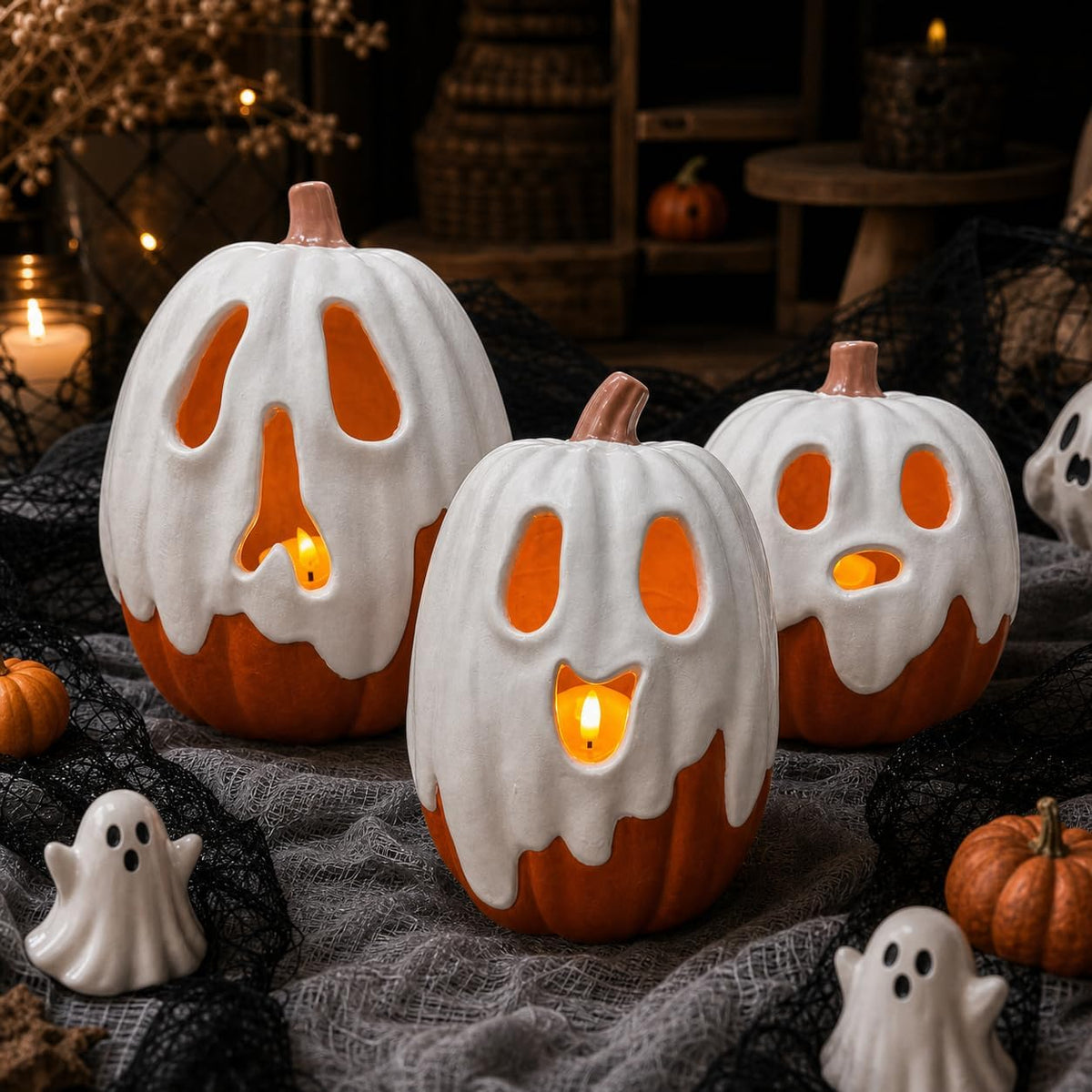 Halloween Decorations - 9.45" H Resin Ghost Pumpkin with Flameless Candl...