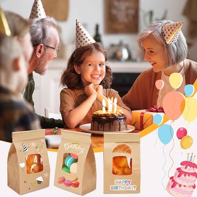Moretoes 100pcs Small Bakery Cookie Bags with Window, Brown Kraft Paper Bags for Homemade Bread Cookie, 3.5x2.2x6.7in Tin Tie Tab