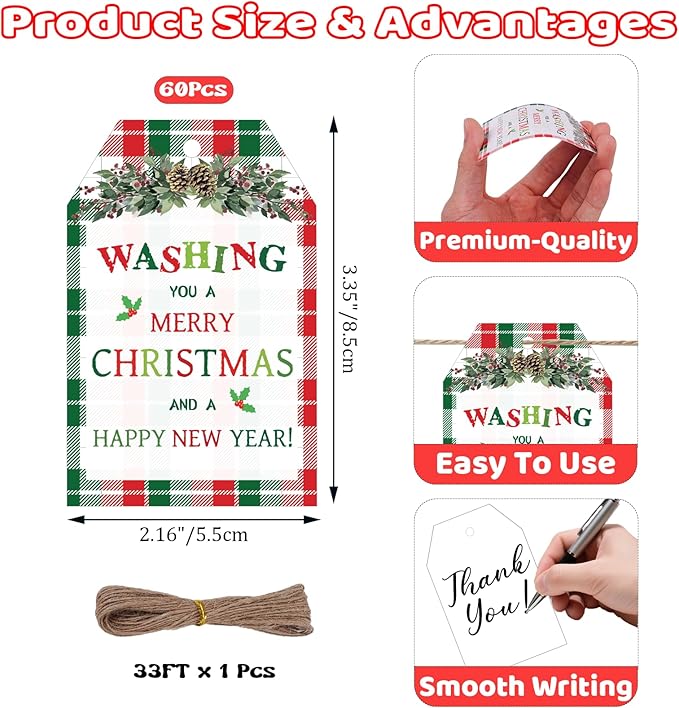 60Pcs Merry Christmas Tags with String, 3.3x2.1 Inch Buffalo Plaid Holiday Gift Tags, Xmas Happy New Year Tag with Holly for Winter Party Candy Bag Envelope Presents Gift Favor