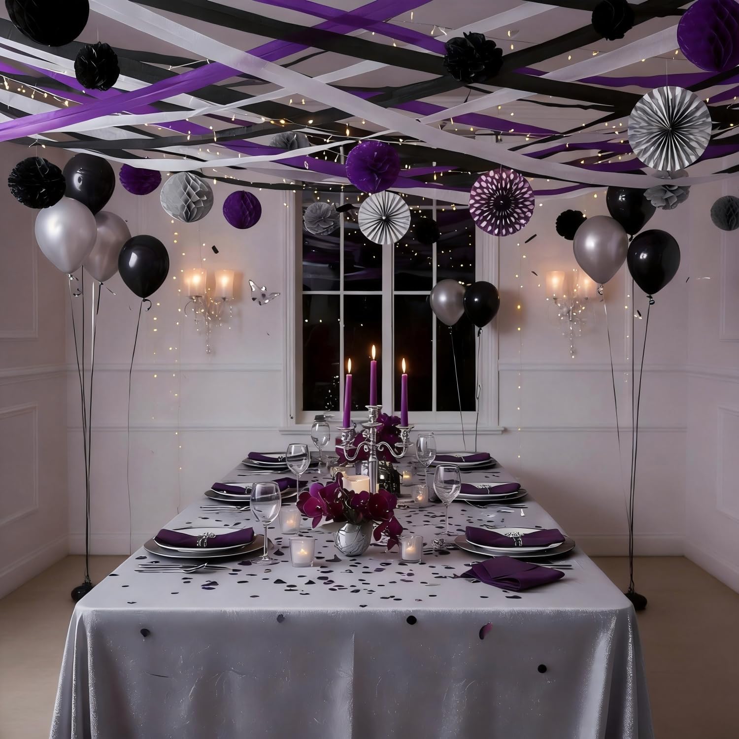 CC wonderland zone 6 Rolls Black Silver and Purple Crepe Paper Streamers for Wednesday Birthday Party Decorations
