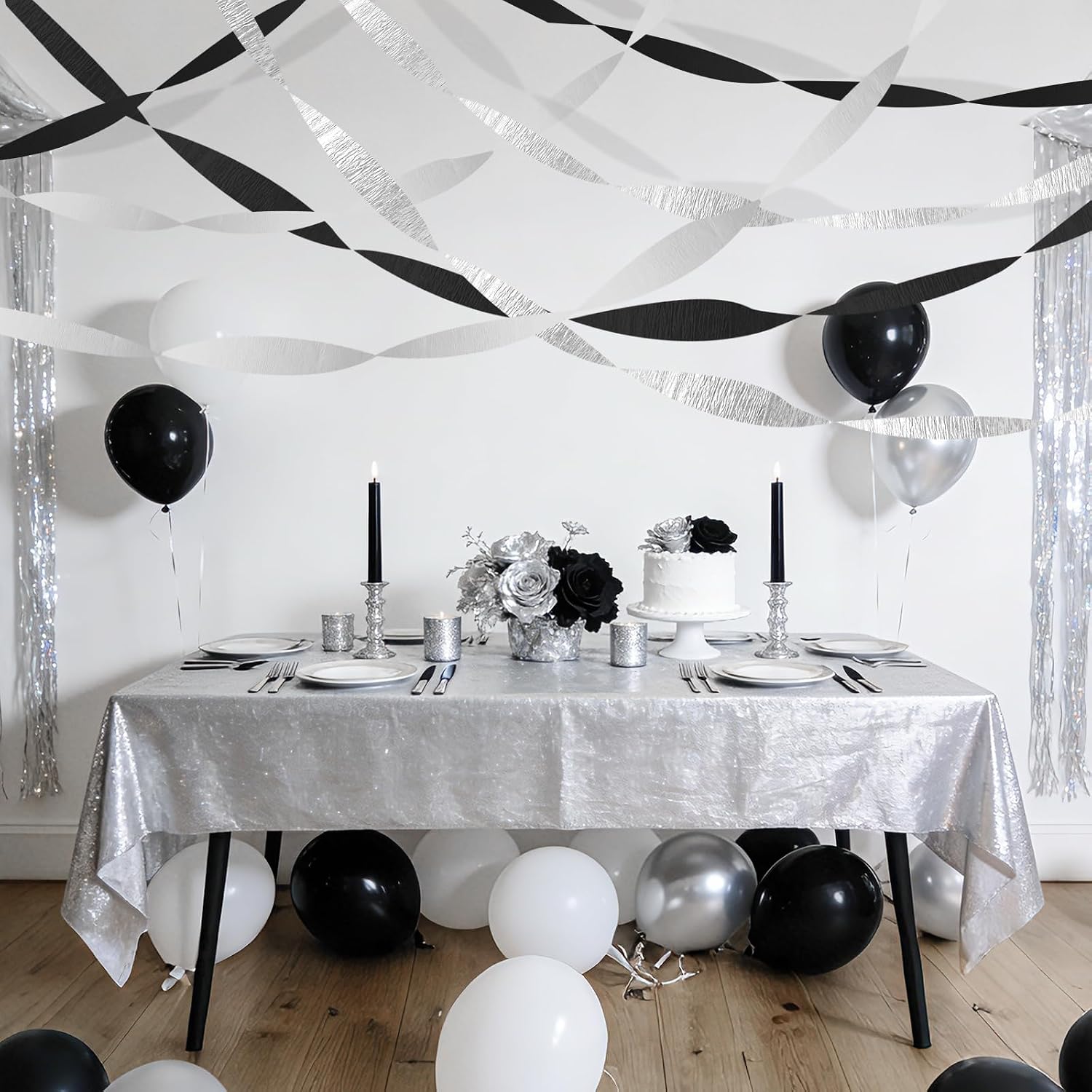 Black Silver White Crepe Paper Streamers - 6 Rolls Party Streamer Decorations for Graduation 2026, New Year's Eve, Birthday, Wedding, Retirement Party Supplies - Silver & Black Hanging Backdrop Decor