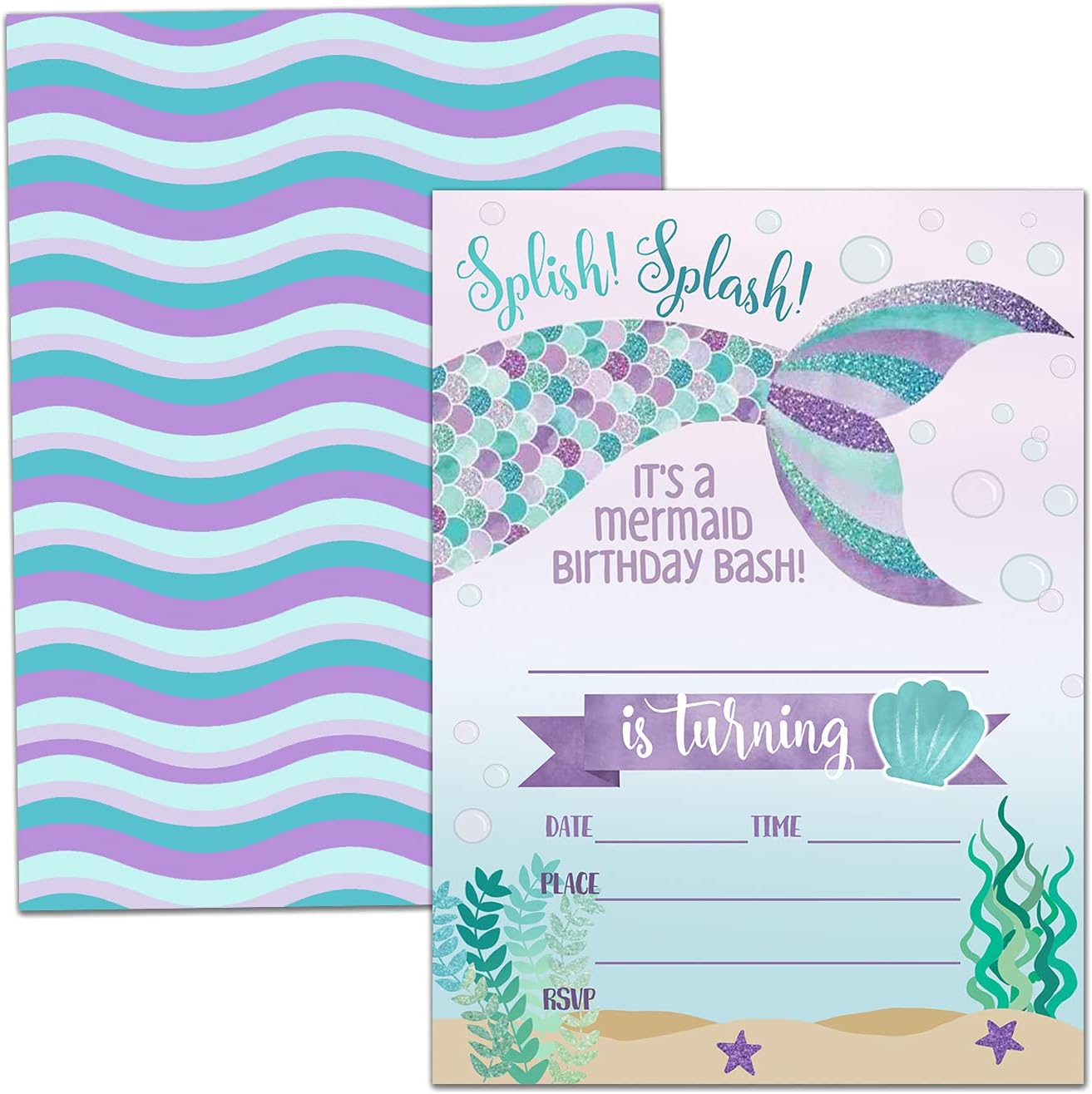 Birthday Party Invitation Cards, Mermaid Party Celebration, Splish Splash It's A Mermaid Birthday Bash Invite, Party Supplies, Favors, 20 Cards With 20 Envelopes – (meiRY03)