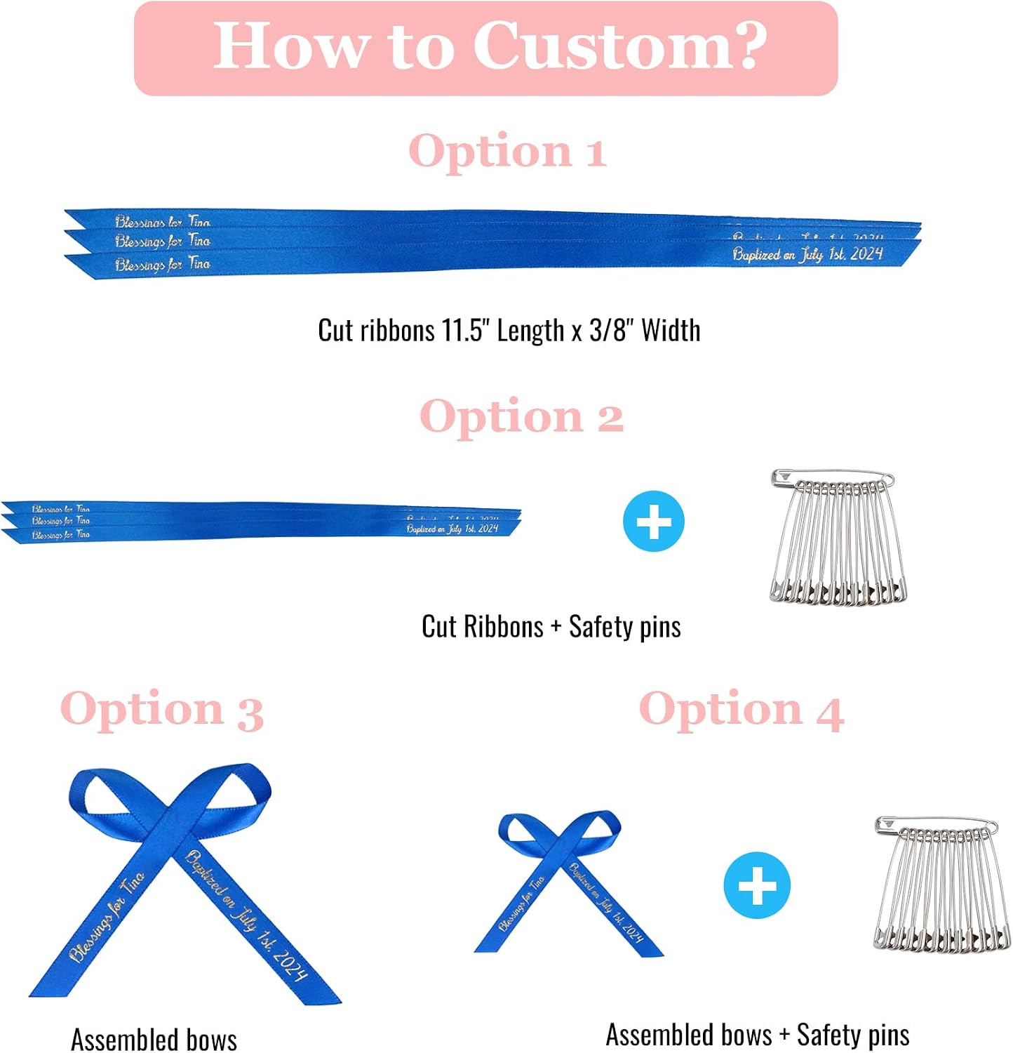 Personalized Ribbons Bows with Name 30 50 100 PCS for Bridal Shower Wedding Birthday Favors Custom Made Cut Ribbons Customized Assembled Bows with Safety Pins