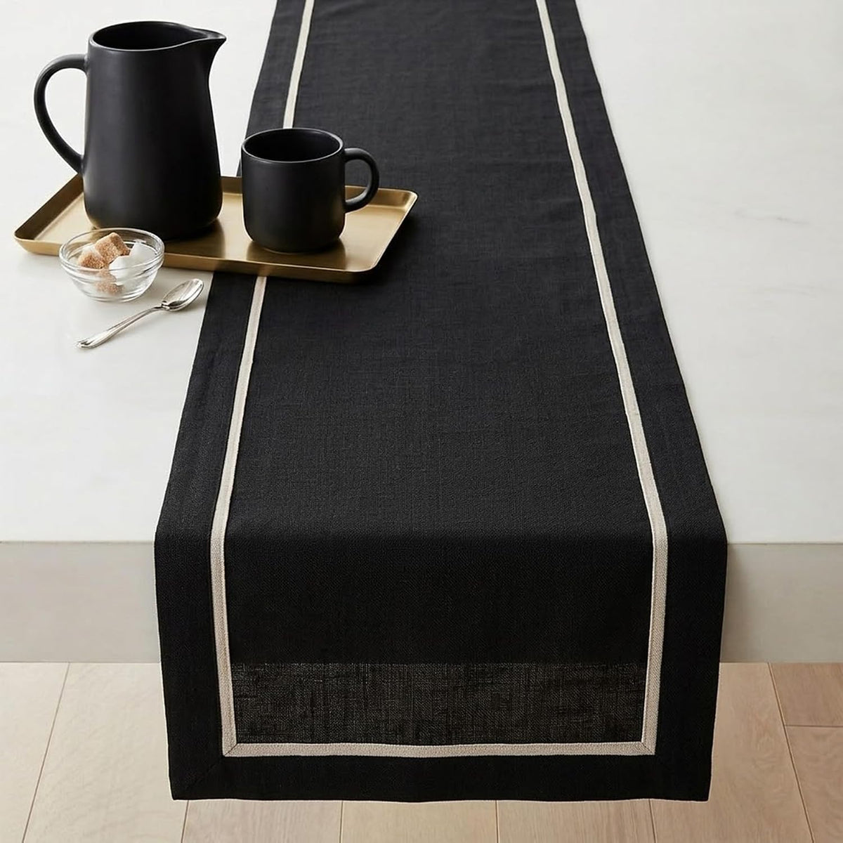 Solino Home 100% Pure Linen Table Runner Black Long, Kensington 14 x 120 in