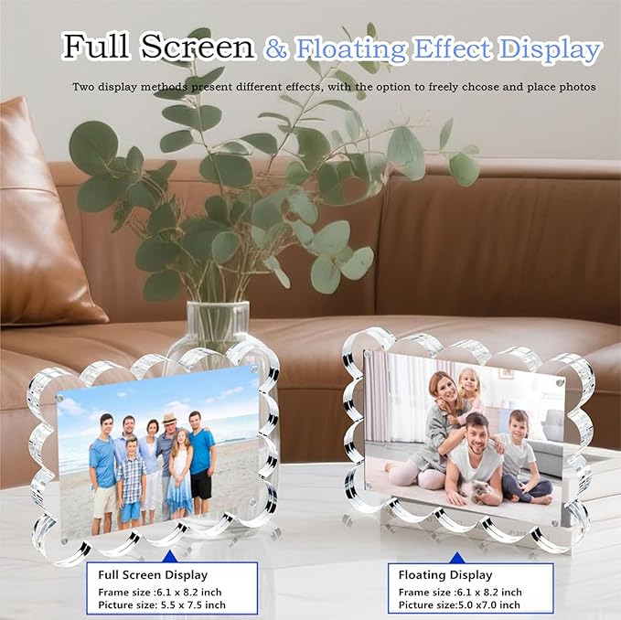 5x7 Inch Magnetic Acrylic Picture Frame,10+10mm Thick Block,Double Sided Clear scalloped frames for Desktop Display | Trendy Home Gift ((1 Pack), 5X7)