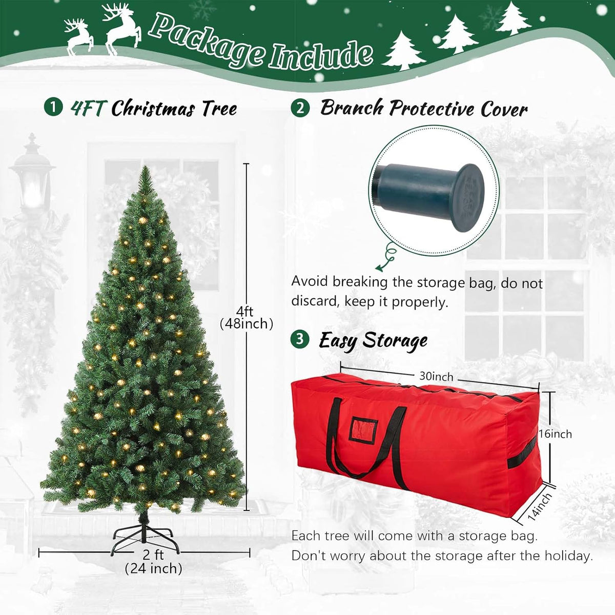 4ft green prelit artificial christmas tree,arbol de navidad, side view