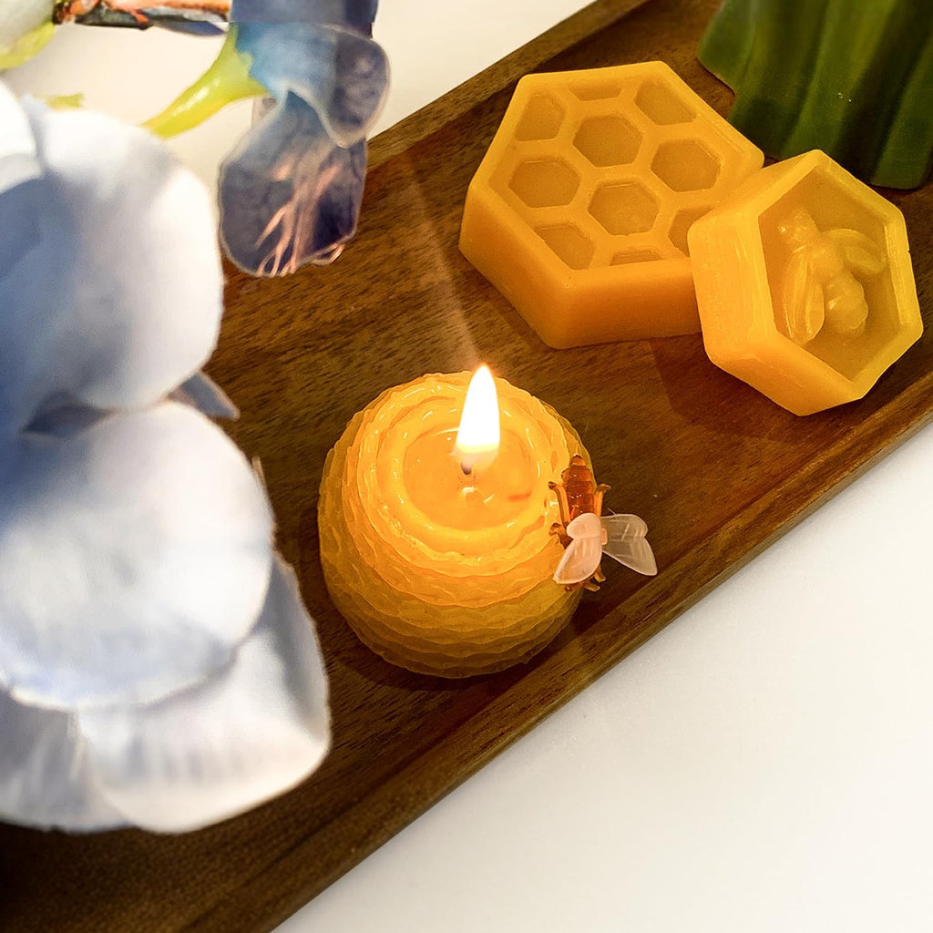 Beeswax Candles Set of 6pcs, Bee Candles with Little Bee Ornament Decors, Unscented & Dripless& Smokeless, Dia 1.77" x1.97" Each, Yellow