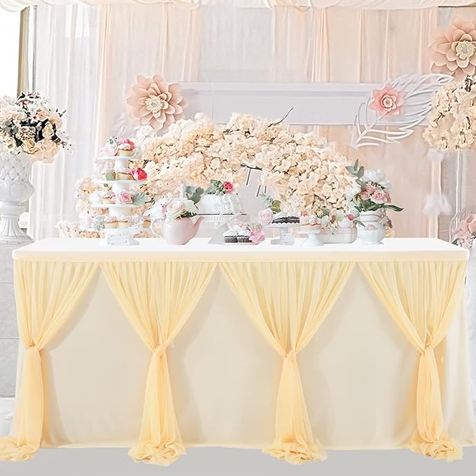 9ft Champagne Table Skirt for Weddings Table Cloth Elegant Tutu Table Skirt Cover for Birthday Party Baby Shower Dessert Buffet Banquet Decorations