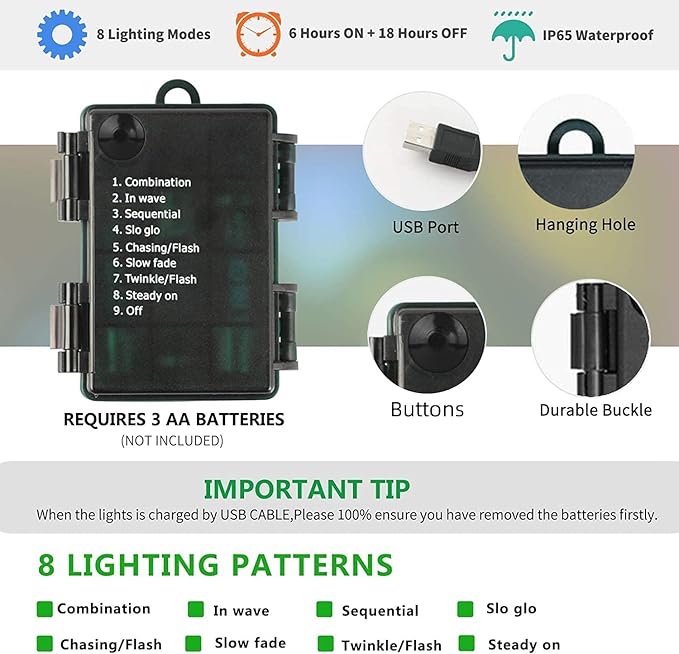 Tcamp 33ft 100LED Battery Operated Christmas Lights Outdoor Indoor, Battery Christmas Tree Lights with Remote Timer, 8 Modes Battery String Lights for Xmas Tree Wreath Bedroom Decor (Warm White)