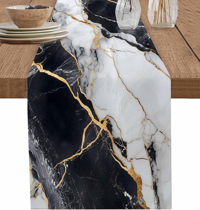 Black White Marble Cotton Linen Table Runner for Dining Kitchen, Wedding Outdoor Party Tablerunners Decoration, Nature Marble Crack Modern Art Dresser Scarf Coffee Tablecloth Runners 13x120 Inches