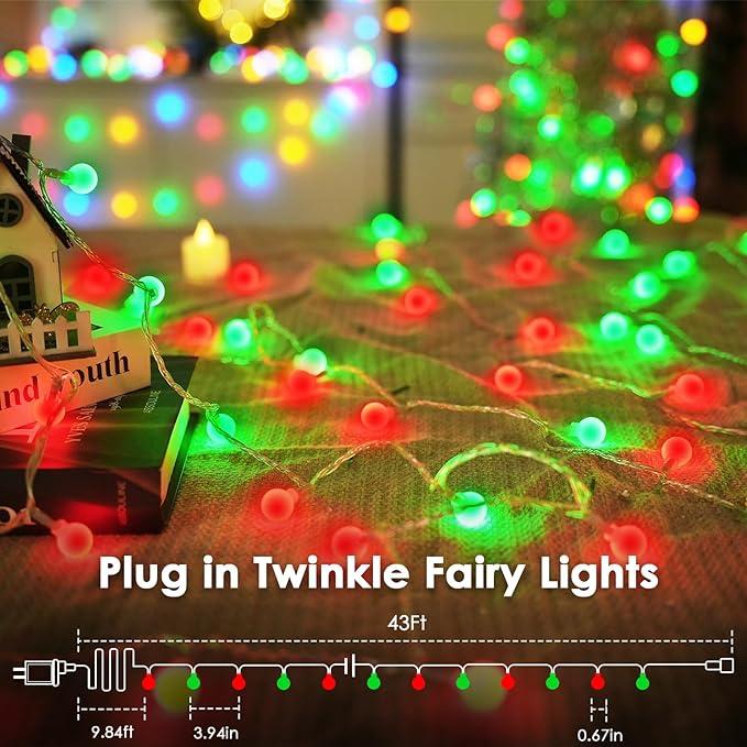 43FT 100LED Connectable Christmas String Lights Indoor Outdoor - Red and Green Fairy Lights Plug in with Remote & 8 Modes, Globe Twinkle Light for Christmas Decorations Bedroom Room Tree Party