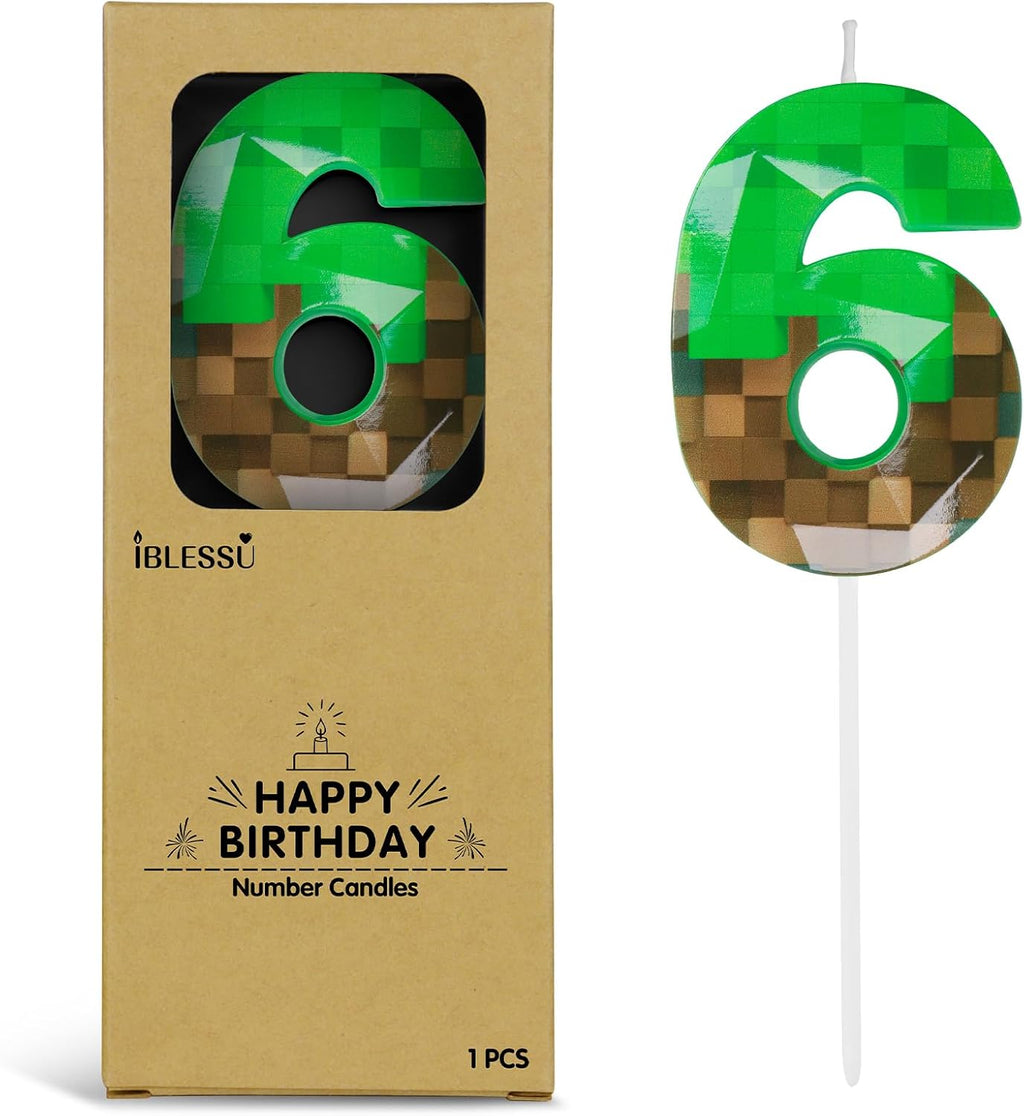 Pixel Birthday Candle, 2.68 Inch Miner Number Candles, Game Themed Candle Birthday Decoration for Pixel Theme Birthday Anniversary Dynamite Video Game Party (Green, 6)