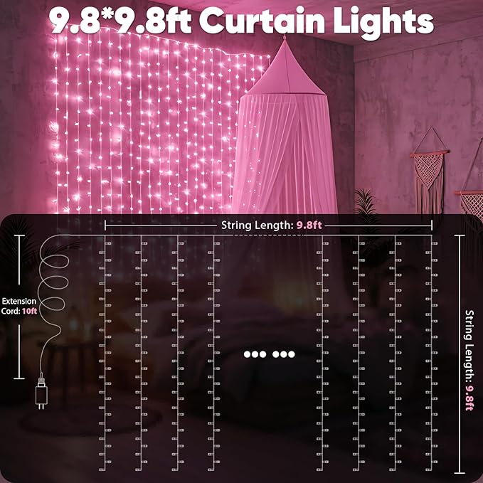 suddus Curtain Lights for Bedroom, 300 Led 9.8ft x 9.8ft Hanging String Lights Outdoor, Fairy Curtain Lights for Backdrop, Window, Wall, Wedding, Party, Garden, Porch, Birthday Decorations Pink