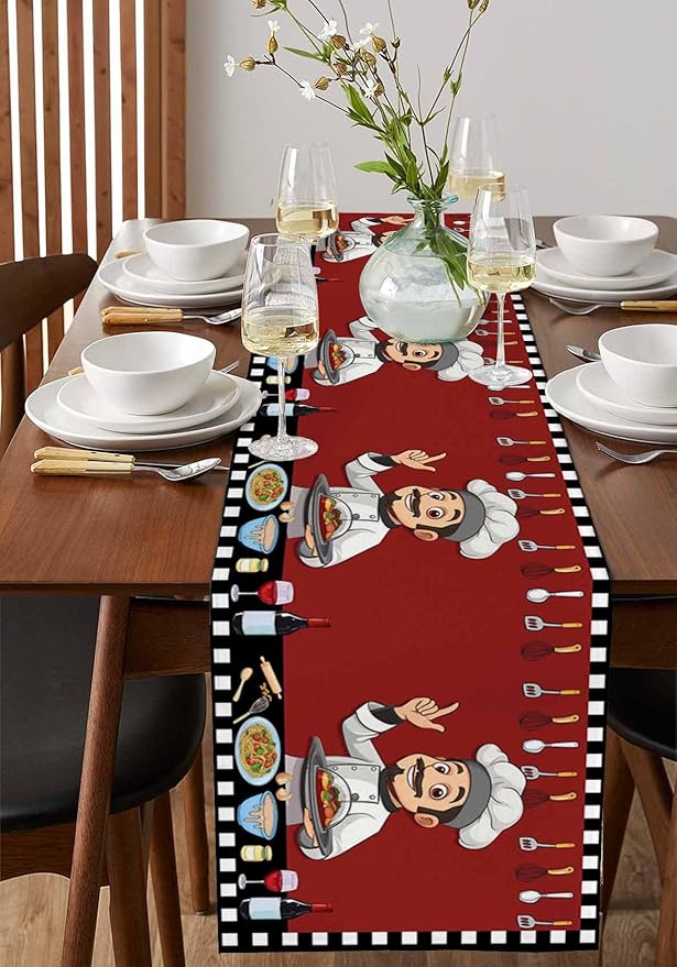 Red Chef Gourmet Cotton Linen Table Runner for Dining Kitchen, Wedding Outdoor Party Tablerunners Decoration, Black White Check Plaid Funny Kitchen Dresser Scarf Coffee Tablecloth Runners 13x48 Inches