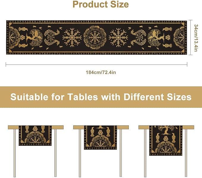 Viking Tree of Life Abstract Table Runner for Living Room Home Party Coffee Dining Party Wedding Golden Black Celtic Style Geometric Dragon Boat Rudder Ancient Script Table Runner 13x108 Inch