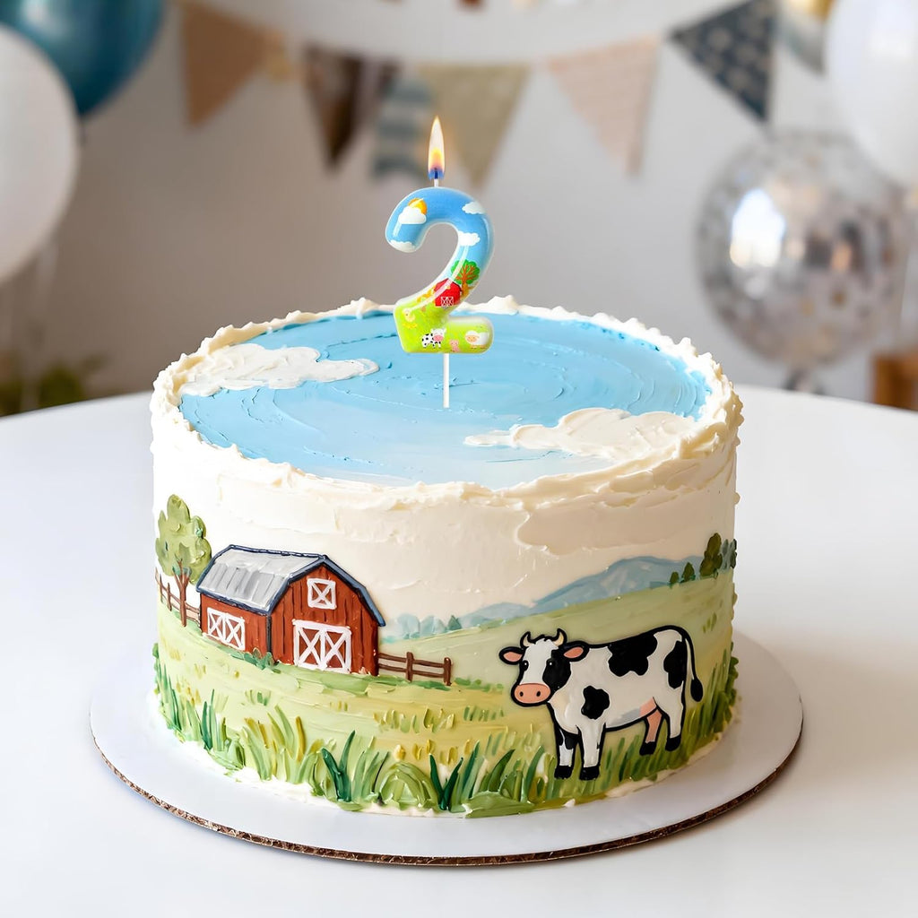 Farm Theme Number 2 Birthday Candle, Barnyard Cake Topper for Boys Girls, Farm Party Cake Decoration