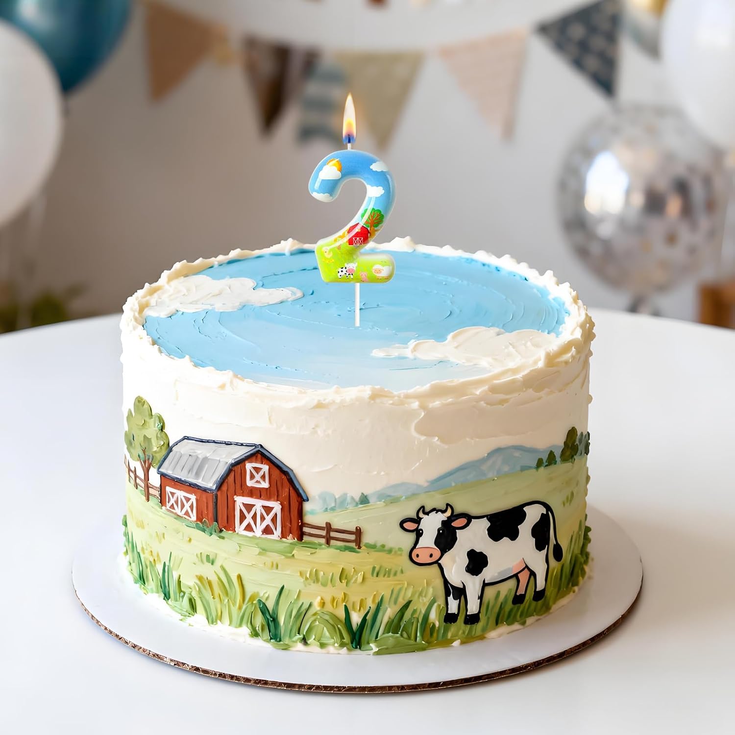 Farm Theme Number 2 Birthday Candle, Barnyard Cake Topper for Boys Girls, Farm Party Cake Decoration
