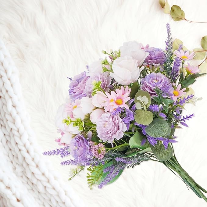 Fake Flowers Purple Artificial Silk Flower Bouquet Faux Flowers for Vase with Rose Peony Daisy for Home Wedding Baby Shower Bridal Bouquets Table Centerpieces Party Fathers Day Decorations
