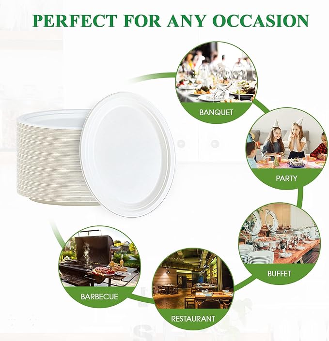 Vplus 300 Pack 100% Compostable Oval Paper Plates 12 inch Super Strong Disposable Paper Plates Bagasse Natural Biodegradable Eco-Friendly Sugarcane for BBQ, Party, Dinner, and Picnic