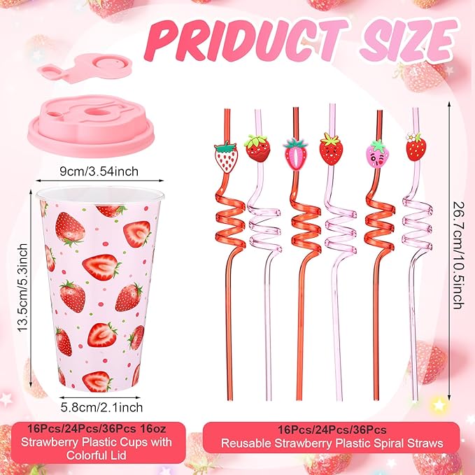 Yungyan 36 Sets Strawberry Party Favors Goodie Cups with Lids and Straws for Birthday Decorations Reusable 16oz Plastic Candy Cups Plastic Straws for Birthday Party (Strawberry)