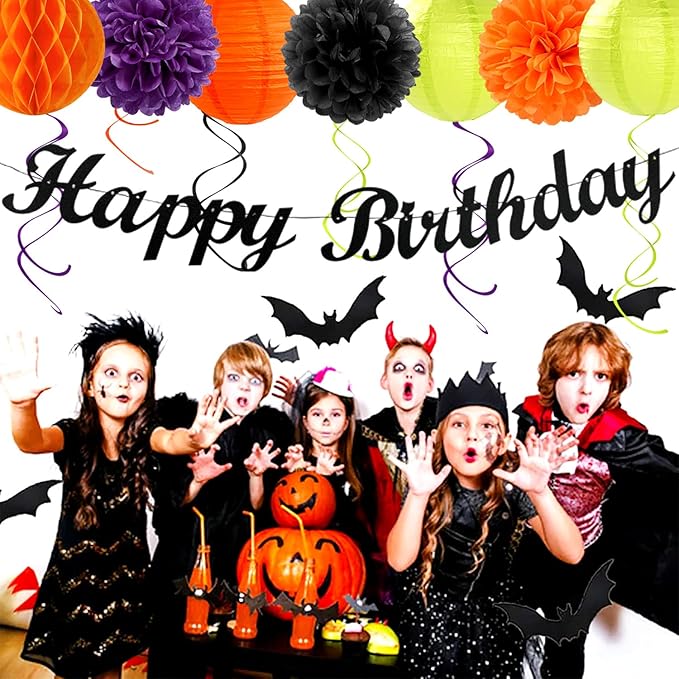Black-Green Orange-Purple Halloween Birthday Party-Decorations - 21pcs Happy Banner,Paper Lanterns Honeycomb,Tissue Pom Poms Flower Fan,Kids Classroom Hanging Streamers Garland Decor Supplies Huglony