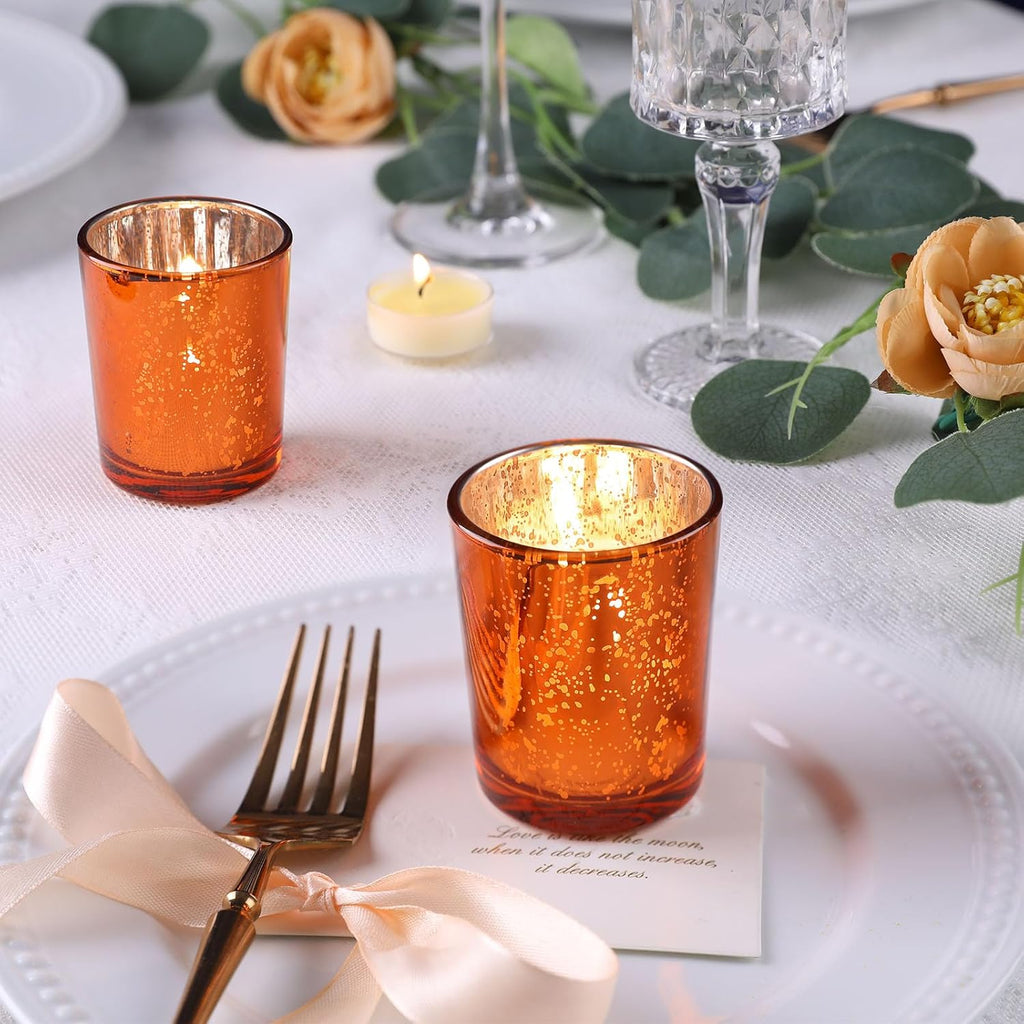 DARJEN 24 Pcs Orange Votive Candle Holders, Tea Lights Candles Holders | for Wedding Centerpieces & Party Decorations, Fall Home Table and Thanksgiving Day
