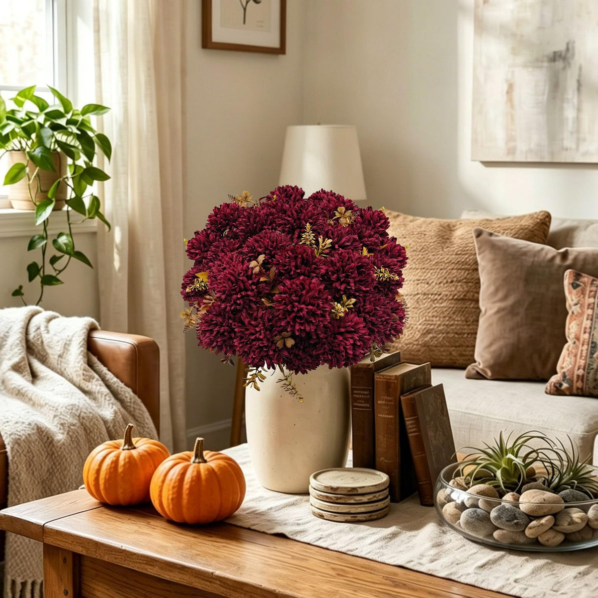 6 bundles artificial fall mums flowers fake silk, side view