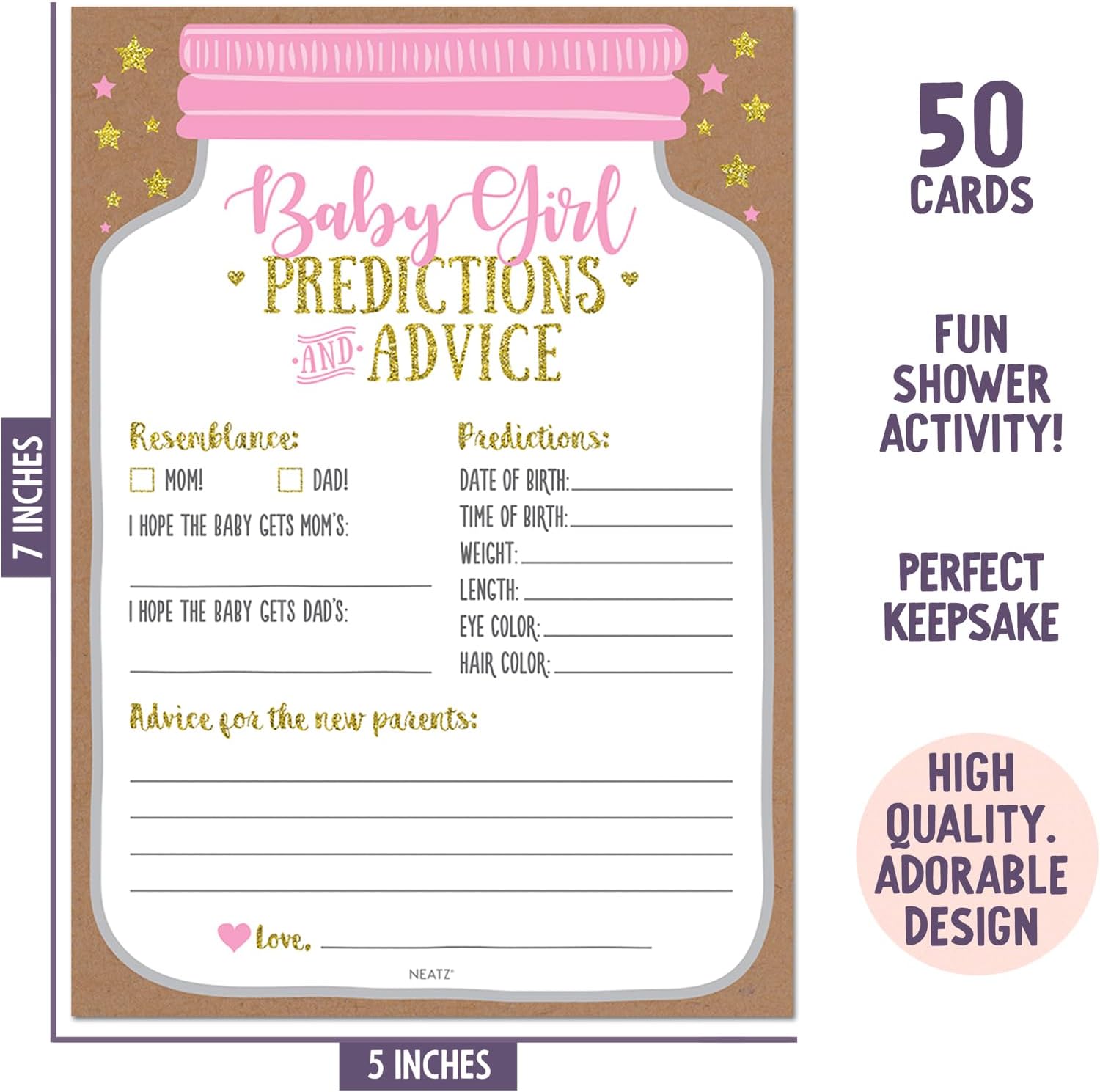 Neatz Baby Shower Advice Cards, Baby Prediction Cards, Girl Baby Shower Decorations, Babyshower Games For Girls, Mason Jar Design (Set of 50)