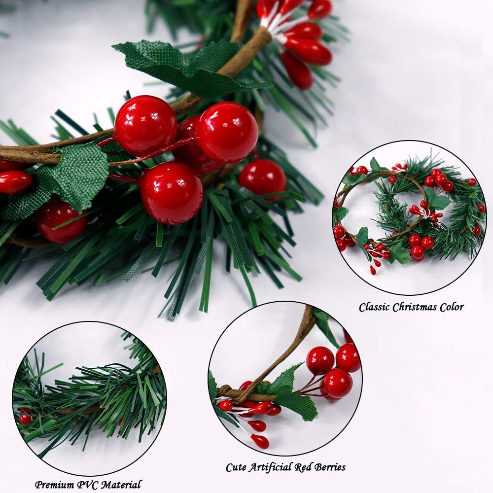 YBB 8Pcs Christmas Candle Rings, Small Artificial Red Berry Wreath Candle Holder Rings, Fits 3 Inch Pillars Candle Tapers for Rustic Wedding Centerpiece Christmas Table Decoration