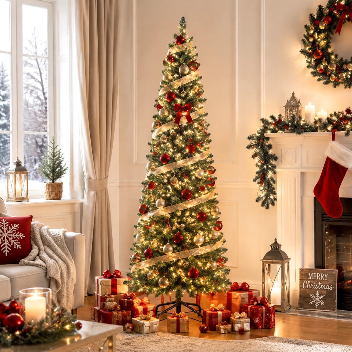 6ft pre-lit slim artificial christmas tree - 260 shown in use