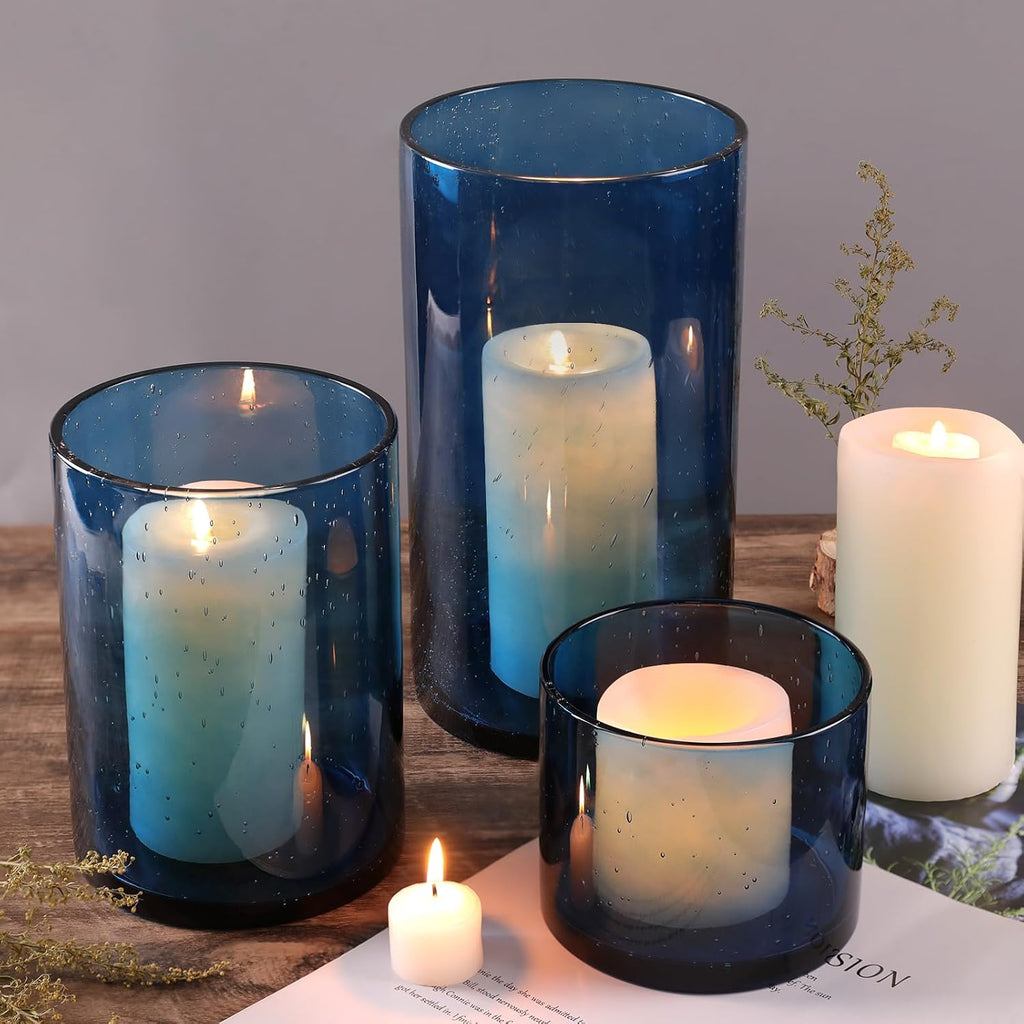 Large Hurricane Candle Holder Set of 3 Blue Candle Holders for Pillar Candles, Seeded Bubbles Glass Candle Holder, Blue Glass Cylinder Vases for Table Centerpieces, Home, Patio and Wedding 10"7"4"H