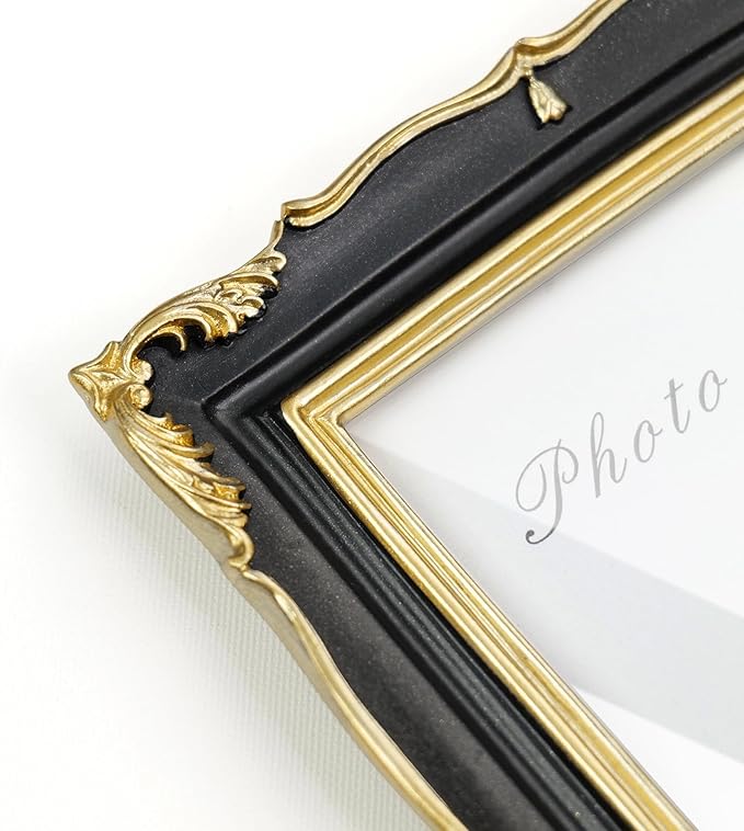 Cuspin 4x6 Picture Frame Black and Gold Vintage Frame, Ornate Textured Hand-Crafted Resin Photo Frame with Glass Front, 4x6 Black Antique Decorative Frames for Wall & Tabletop Home Decor