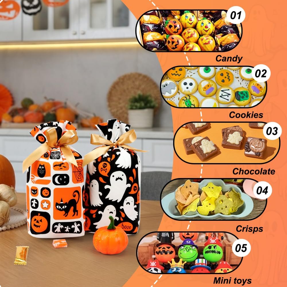 Shintop Halloween Treat Bags, 50PCS Small Candy Bags Drawstring Reusable Plastic Goodie Gift Pouches Party Favors Supplies for Trick or Treat Sweets Cookies (Ghosts, Black Cats, Pumpkins)