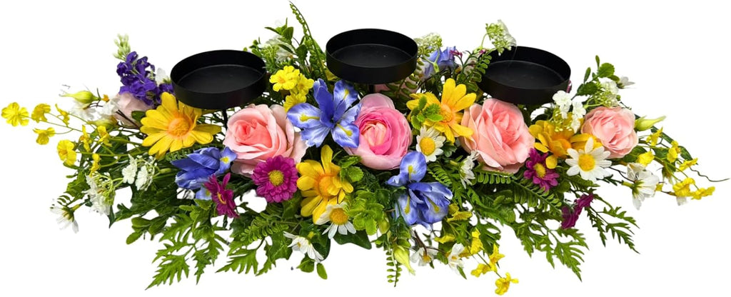 24" Spring Summer Floral Candle Holder Centerpiece for Table Decor | Triple Candle Cups with Pink Roses, Blue Iris-Style Flowers, Daisies and Fern Leaves for Spring Summer Decor